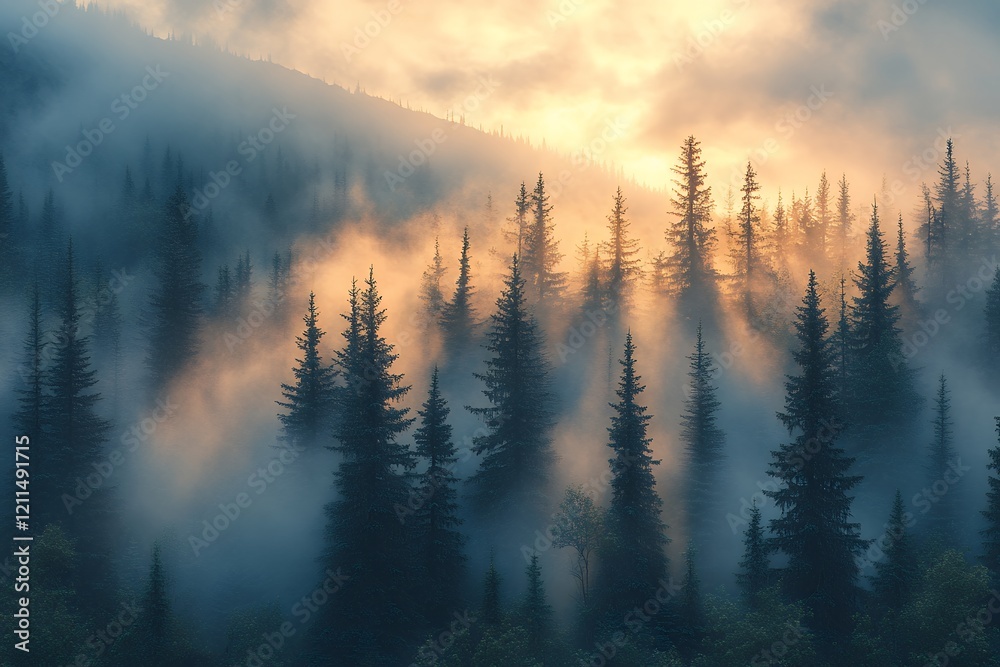 Magical Sunrise Illuminating Misty Mountain Forest, creating a Serene and Peaceful Atmosphere Magical Sunrise Illuminating Misty Mountain Forest, creating a Serene and Peaceful Atmosphere
