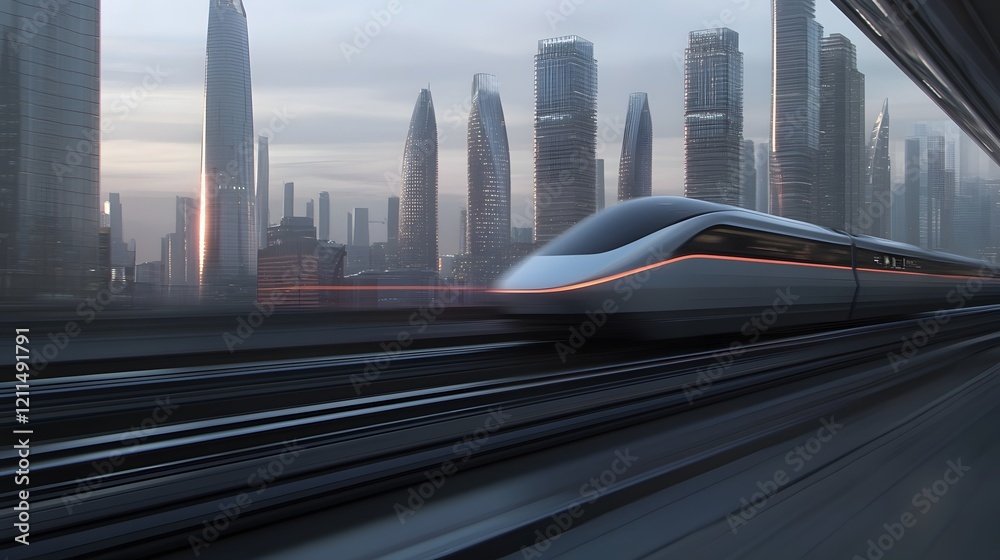 Naklejka premium Sleek Electric Train Speeding Through Modern Urban Landscape With Futuristic Skyline