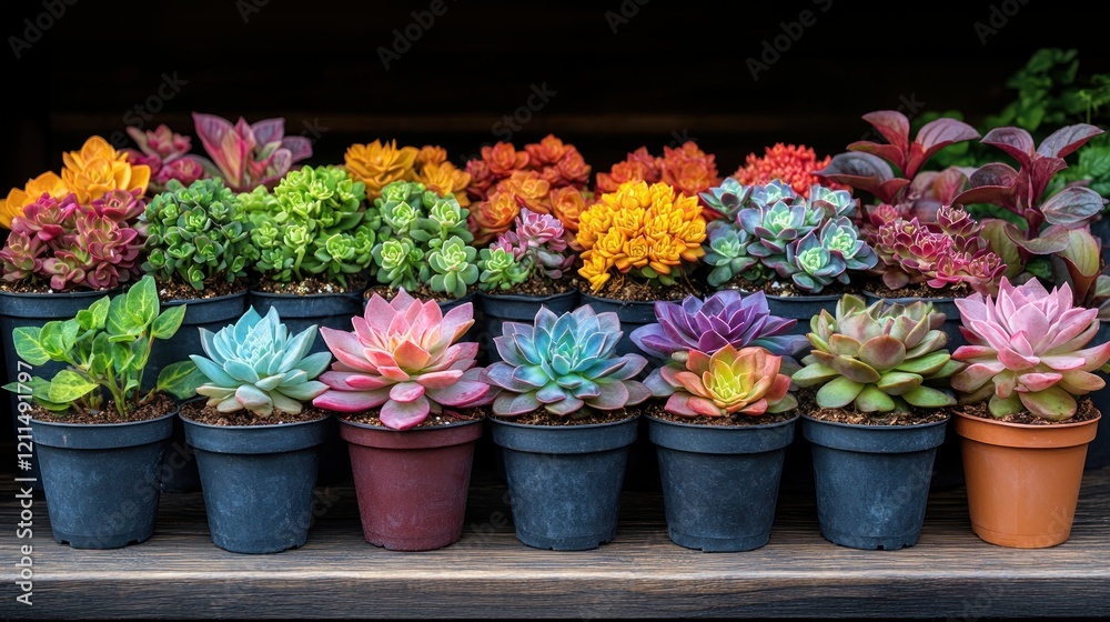 Vibrant Collection of Colorful Succulents in Pots Vibrant Collection of Colorful Succulents in Pots