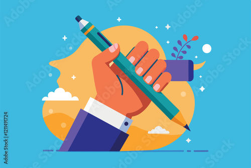 A hand grips a vibrant pen, ready for customization amidst a cheerful backdrop Hand holding pen Customizable Flat Illustration