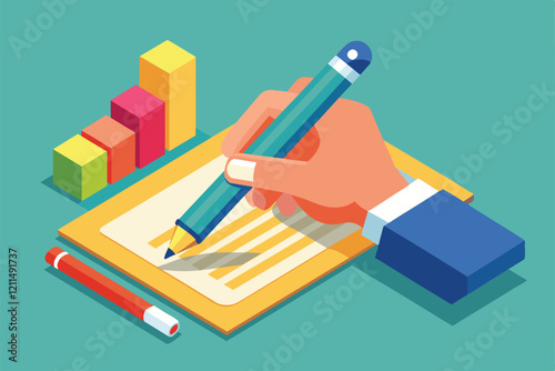 A hand using a pen to fill out a customizable sheet with colorful bar graphs and data Hand holding pen Customizable Isometric Illustration