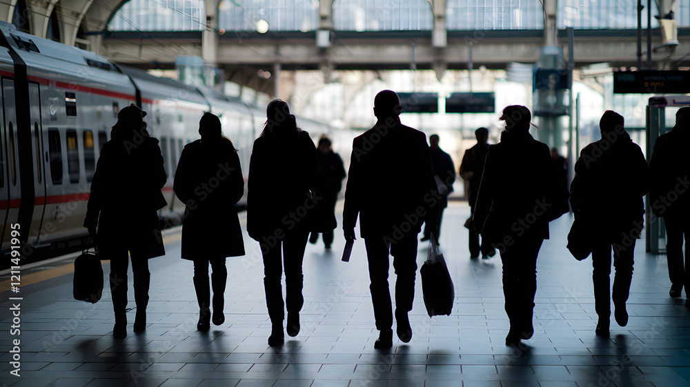 Silhouettes of people walking at a train station, creating a dramatic and moody atmosphere, perfect for illustrating urban travel themes. Silhouettes of people walking at a train station, creating a dramatic and moody atmosphere, perfect for illustrating urban travel themes.