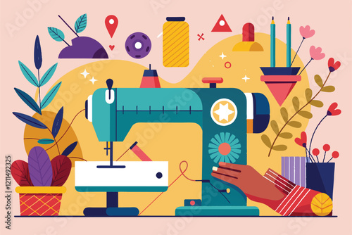 A person uses a sewing machine to create custom crafts in a vibrant, plant-filled workspace Hand sewing Customizable Semi Flat Illustration