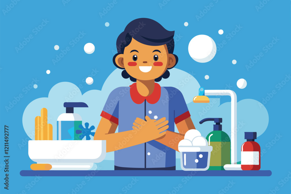 A child prepares to wash hands using soap and water at a colorful, organized sink Handwashing Customizable Disproportionate Illustration A child prepares to wash hands using soap and water at a colorful, organized sink Handwashing Customizable Disproportionate Illustration