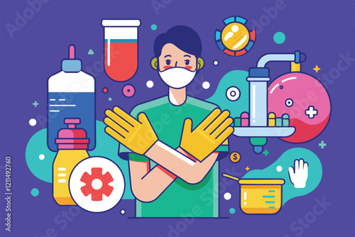 Person wearing gloves demonstrates effective handwashing with various cleaning supplies nearby Handwashing Customizable Disproportionate Illustration