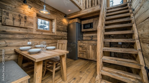 Rustic Wooden Cabin Interior: Cozy Dining Area and Wooden Staircase