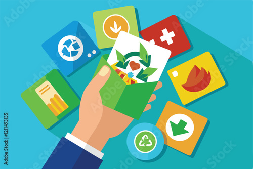 A hand presents a leaflet featuring recycling and reuse icons amid various eco-themed graphics Hand with leaflet, recycling and reuse badge,