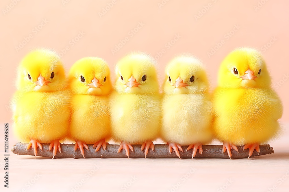 Fototapeta premium Five fluffy yellow chicks perched on a branch