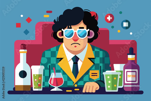 A man in a suit sits at a bar surrounded by empty and full drinks, showcasing signs of a hangover Hangover Customizable Disproportionate Illustration