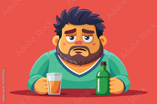 A weary man sits at a table, holding a bottle and a glass, clearly suffering from a hangover Hangover Customizable Cartoon Illustration