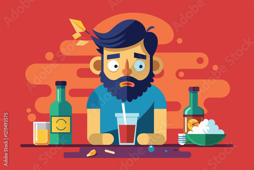A man with a worried expression sits at a table cluttered with drinks and snacks, showing signs of a hangover Hangover Customizable Flat Illustration