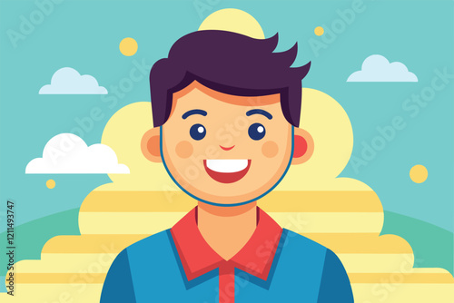 A young boy happily smiles with a colorful background of clouds and sunshine Happiness Customizable Cartoon Illustration