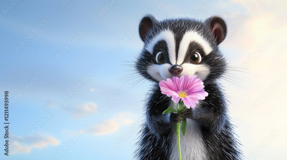 Obraz premium Adorable Raccoon with Pink Flower