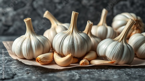 Organic Garlic Bulbs & Cloves on Gray Stone - High-Quality Food Photography photo