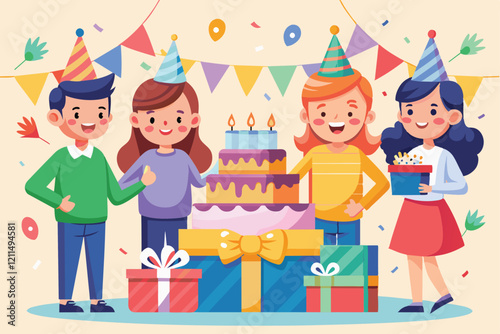 Four cheerful friends celebrate a birthday with cake, gifts, and festive decorations, enjoying the wonderful moment Happy birthday Customizable Flat Illustration