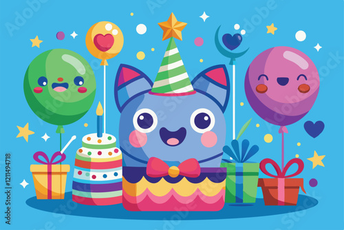 A vibrant birthday celebration scene with balloons, gifts, and a smiling cat wearing a party hat Happy Birthday poster set,