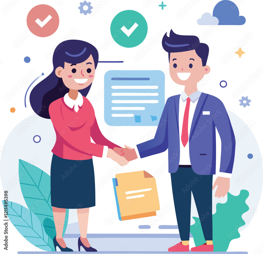 Obraz premium People shaking hands at work - Two businesspeople, man and woman doing handshake in office at work while smiling over business agreement and deal. Flat design stock illustration on white background
