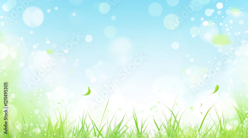 A cheerful spring background featuring light green grass, a clear blue sky, and a bright sunny glow with soft bokeh effects. The warm sunlight enhances the vibrant landscape
