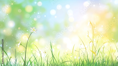 A cheerful spring background featuring light green grass, a clear blue sky, and a bright sunny glow with soft bokeh effects. The warm sunlight enhances the vibrant landscape