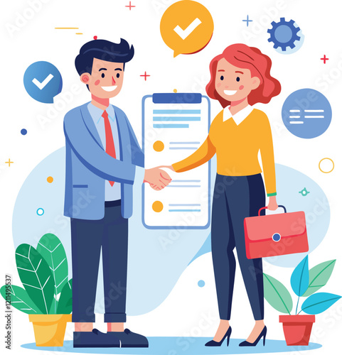 People shaking hands at work - Two businesspeople, man and woman doing handshake in office at work while smiling over business agreement and deal. Flat design stock illustration on white background