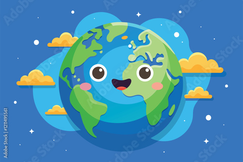 A joyful Earth with a smile surrounded by fluffy clouds and stars in a vibrant blue sky Happy earth Customizable Semi Flat Illustration