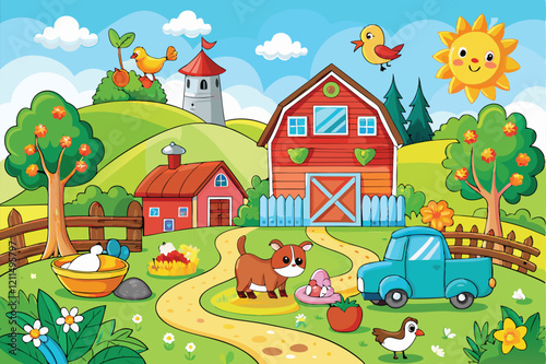 A cheerful coloring page showing animals on a farm with a bright sun and colorful buildings Happy Farm big coloring page,