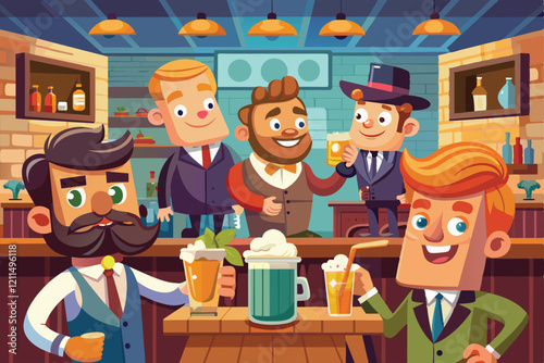 Friends gather at a bar, enjoying drinks and cheerful conversations during happy hour with a lively atmosphere Happy hour Customizable Cartoon Illustration