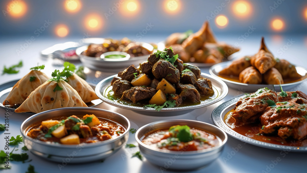 Assorted Indian Dishes: Pani Puri, Chaat, Beef Curry, Chicken Tikka, Samosas, and Chicken Curry in a Ramadan Food Collection on a White Backdrop Assorted Indian Dishes: Pani Puri, Chaat, Beef Curry, Chicken Tikka, Samosas, and Chicken Curry in a Ramadan Food Collection on a White Backdrop