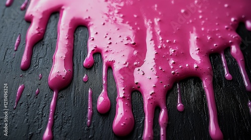 Hot pink gel dripping vertically from dispenser against black background photo