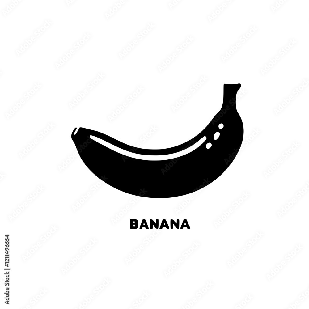 Single Banana Icon: A simple, bold black silhouette of a banana, perfect for minimalist designs, presentations, and branding. The word Single Banana Icon: A simple, bold black silhouette of a banana, perfect for minimalist designs, presentations, and branding. The word