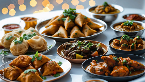 Assorted Indian Dishes: Pani Puri, Chaat, Beef Curry, Chicken Tikka, Samosas, and Chicken Curry in a Ramadan Food Collection on a White Backdrop photo