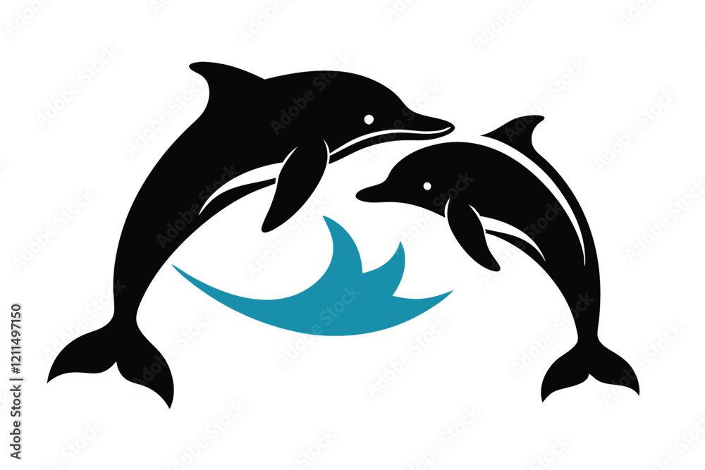Fototapeta premium Jumping Dolphin Silhouette with Splashing Waves Vector Illustration