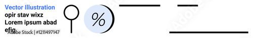 Magnifying glass icon, percentage symbol within a circle, horizontal lines, and placeholder text in Latin. Ideal for business, finance, education, technology, analytics, marketing, web development