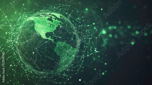 Green glowing digital earth globe with connecting lines and dots, representing global network and connectivity.