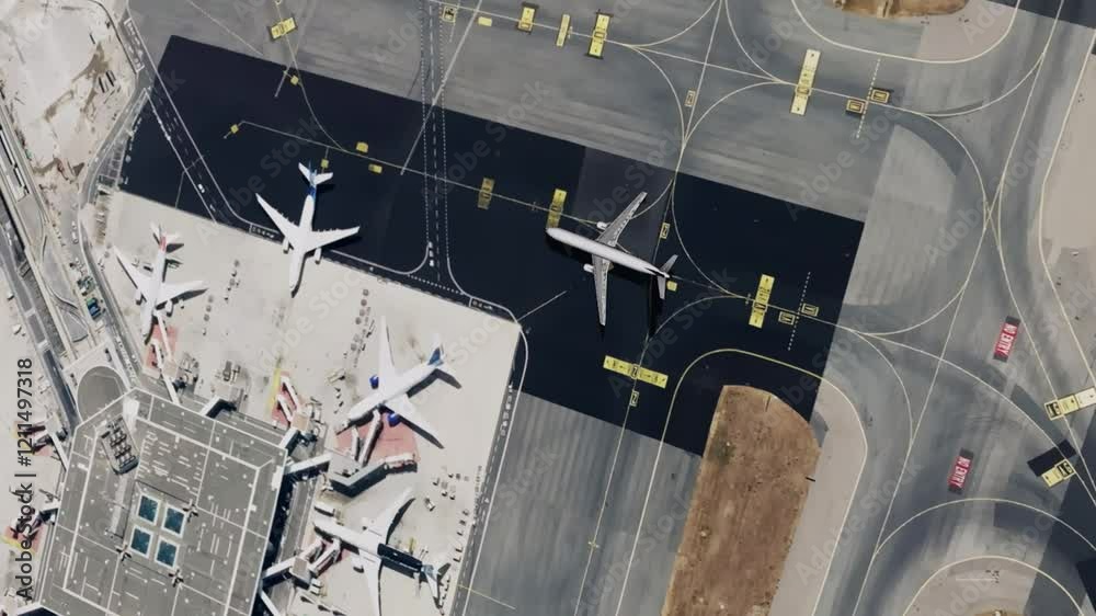 Realistic CGI aerial perspective of a busy airport featuring taxiing airplanes, terminal buildings, and detailed runway markings, ideal for aviation projects and transportation themes