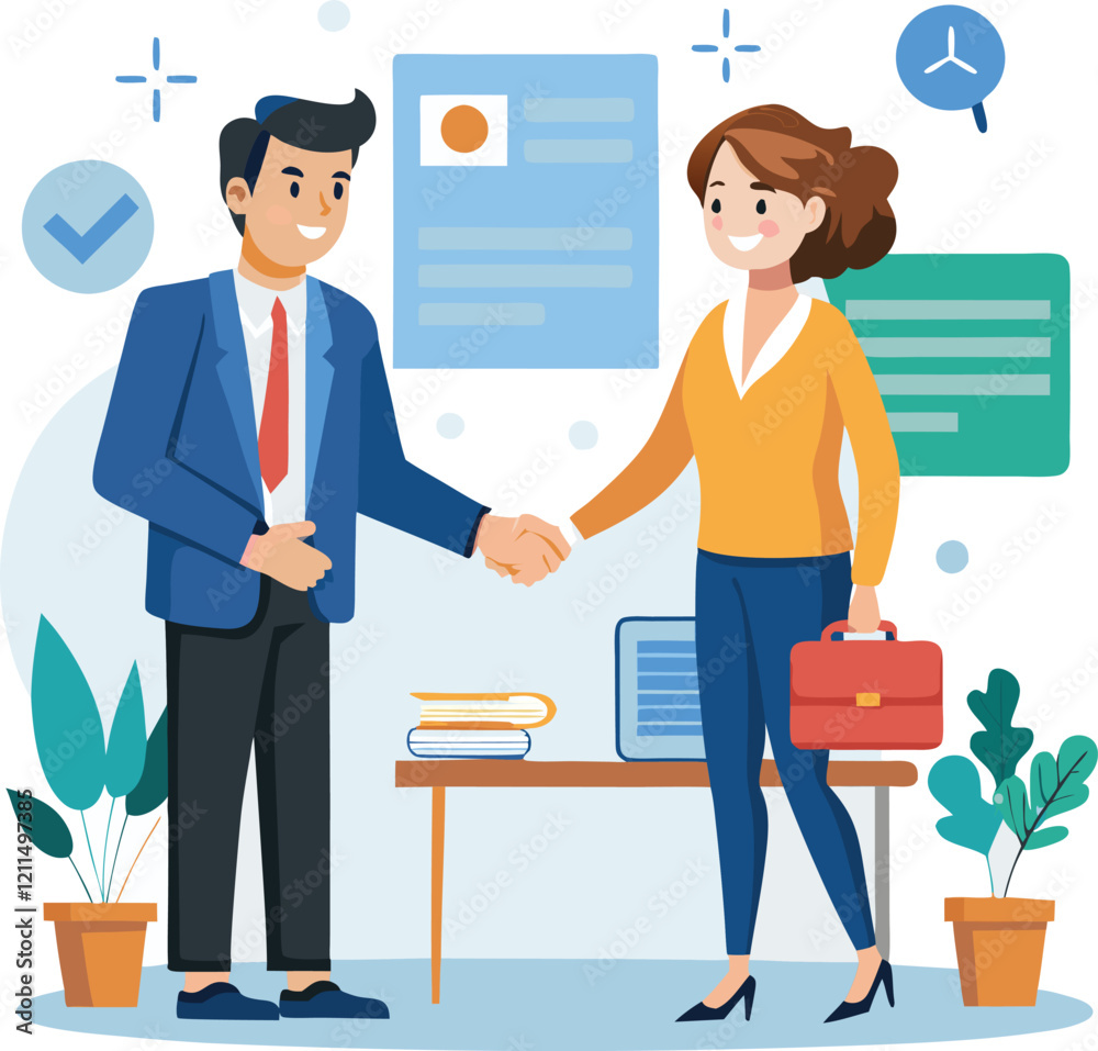 People shaking hands at work - Two businesspeople, man and woman doing handshake in office at work while smiling over business agreement and deal. Flat design stock illustration on white background People shaking hands at work - Two businesspeople, man and woman doing handshake in office at work while smiling over business agreement and deal. Flat design stock illustration on white background