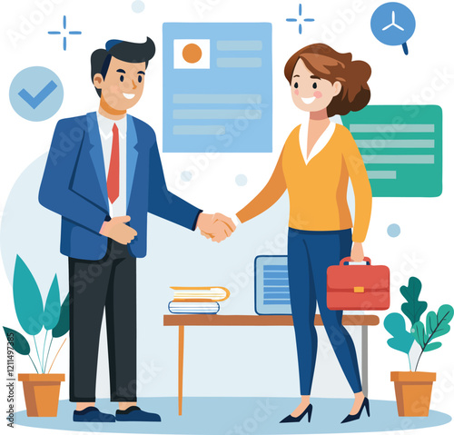 People shaking hands at work - Two businesspeople, man and woman doing handshake in office at work while smiling over business agreement and deal. Flat design stock illustration on white background