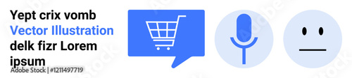 Shopping cart in blue speech bubble, blue microphone, and neutral face emoticon are main elements. Ideal for e-commerce, customer service, online shopping, recording, expression, communication