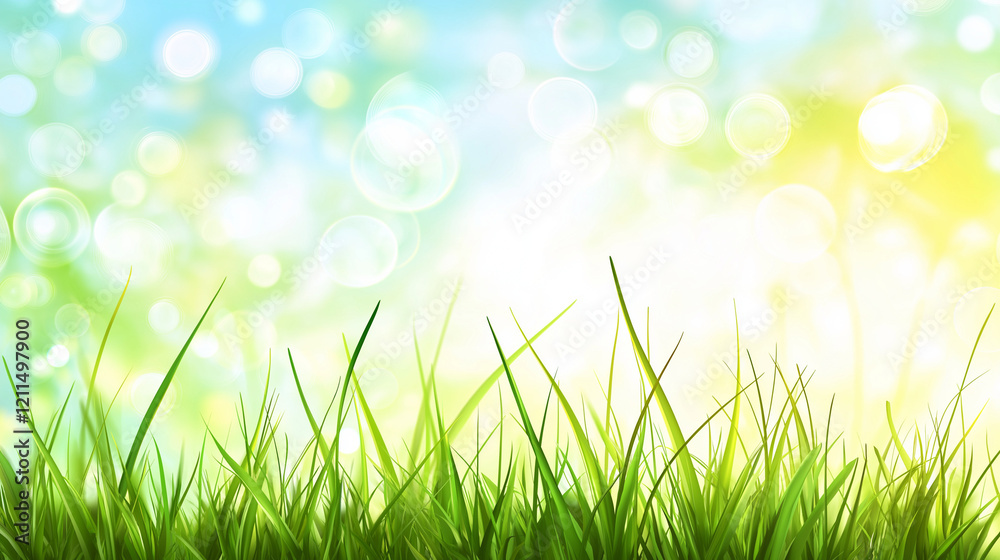 A cheerful spring background featuring light green grass, a clear blue sky, and a bright sunny glow with soft bokeh effects. The warm sunlight enhances the vibrant landscape A cheerful spring background featuring light green grass, a clear blue sky, and a bright sunny glow with soft bokeh effects. The warm sunlight enhances the vibrant landscape