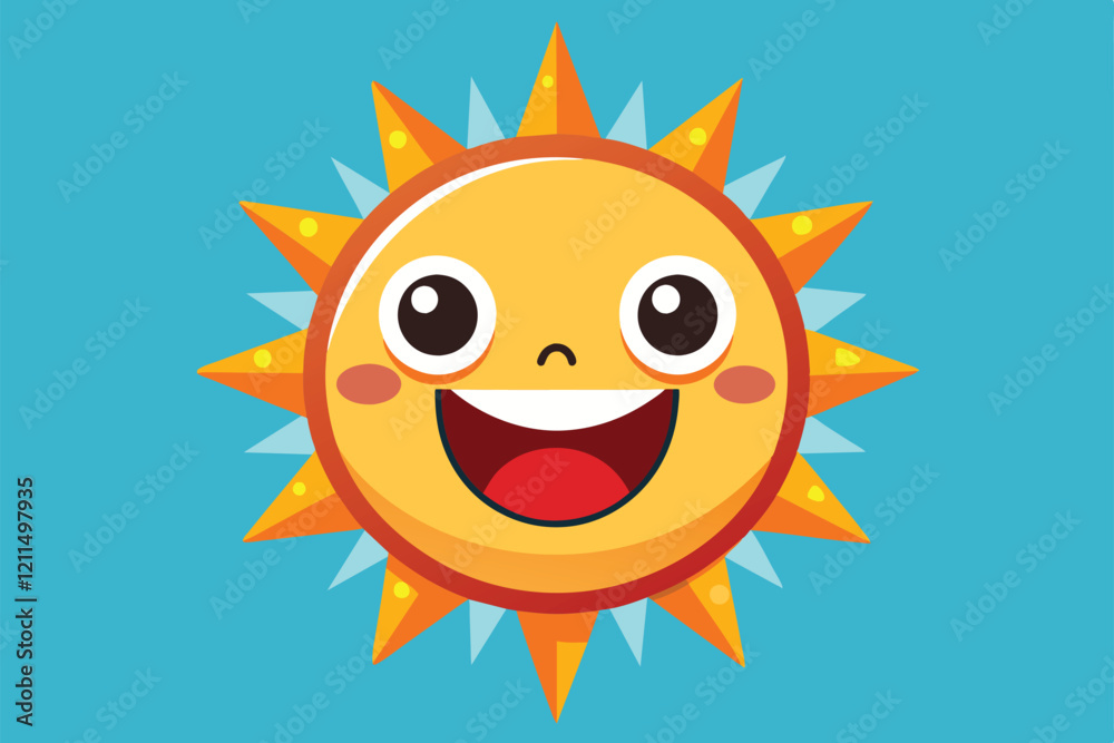 Obraz premium A cheerful sun with a big smile and vibrant rays brightens up a lively blue backdrop Happy sun Customizable Disproportionate Illustration