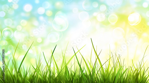 A cheerful spring background featuring light green grass, a clear blue sky, and a bright sunny glow with soft bokeh effects. The warm sunlight enhances the vibrant landscape