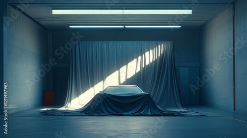 Empty garage with a large cloth placed over an unseen car, light and shadow interacting on the folds of the fabric  photo