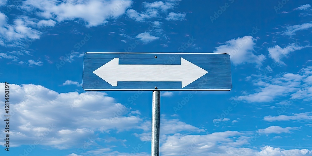 Blue sky background with scattered clouds featuring a horizontal white two-way road sign on a pole inviting clear directional guidance. Blue sky background with scattered clouds featuring a horizontal white two-way road sign on a pole inviting clear directional guidance.