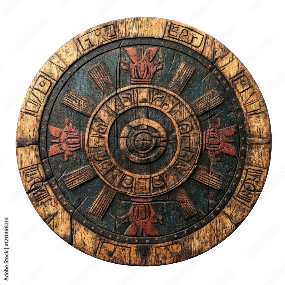Fototapeta premium Decorative Vintage Shield with Red and Blue Patterns on Wood