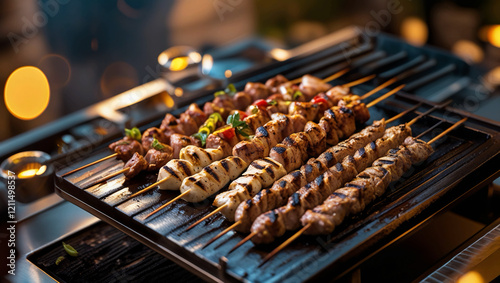 White, Souvlaki chicken, and kebab doner are the only types of grilled meat skewers. Greek grill cuisine from above. Set of design elements photo