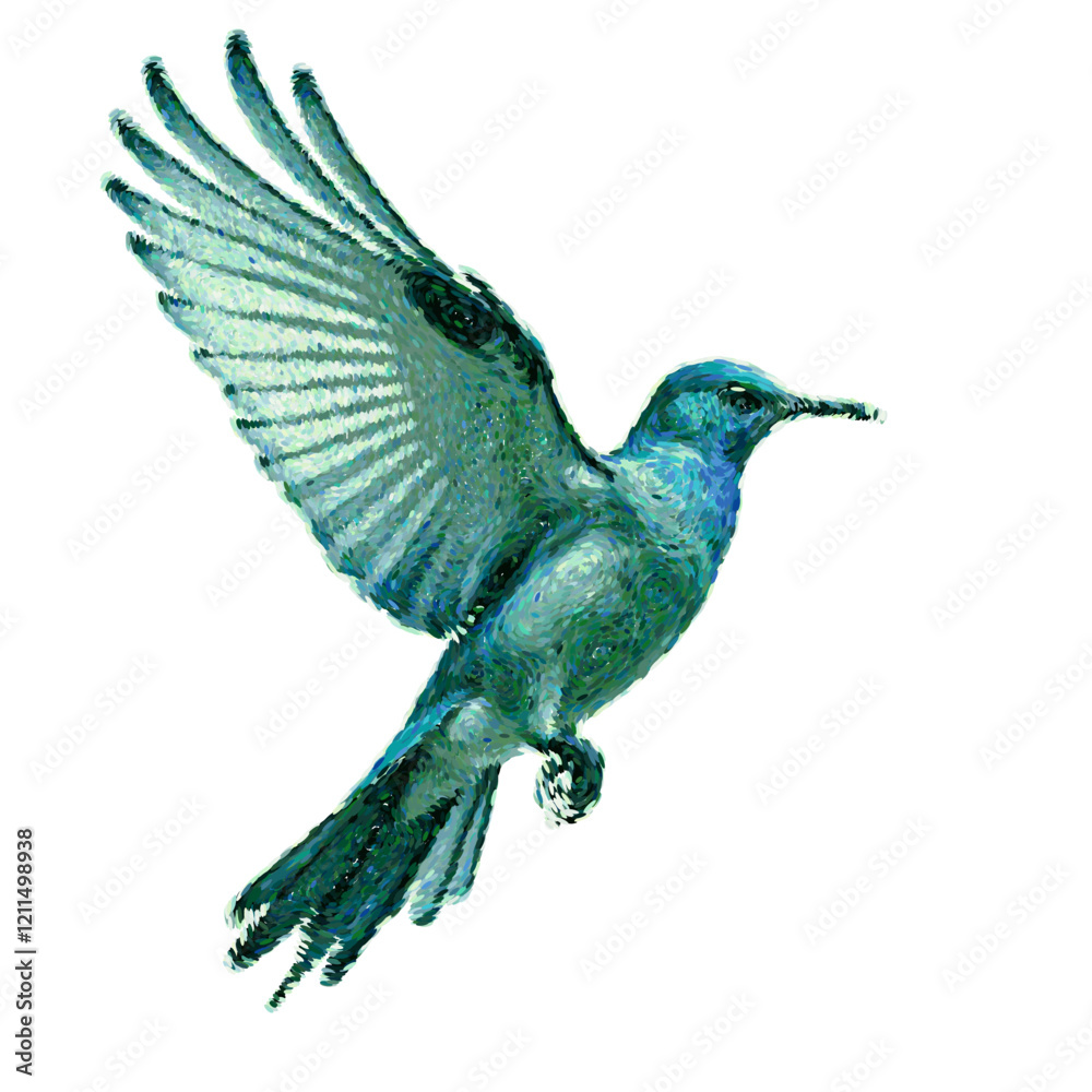 Obraz premium Flying turquoise bird vector illustration with textured brush strokes isolated
