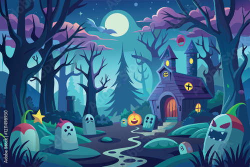 A spooky forest filled with ghostly figures and a haunted house illuminated by moonlight creates an eerie atmosphere Haunted forest Customizable Disproportionate Illustration