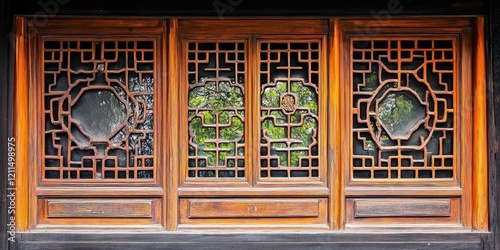 Traditional Chinese wooden window with intricate lattice design in warm brown hues framed by dark wood, showcasing lush greenery outside.