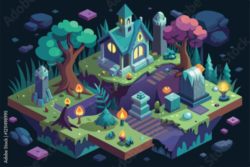 A whimsical haunted forest filled with glowing trees, a spooky house, and mysterious stones awaits exploration Haunted forest Customizable Isometric Illustration