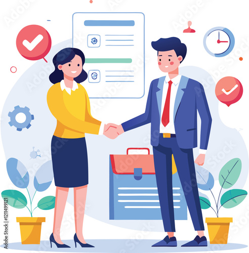 People shaking hands at work - Two businesspeople, man and woman doing handshake in office at work while smiling over business agreement and deal. Flat design stock illustration on white background